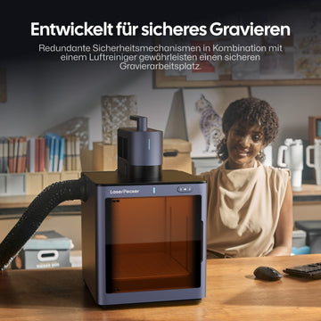 LaserPecker Sicherheitsgehäuse – entwickelt für sicheres Gravieren mit redundanten Sicherheitsmechanismen und Luftreiniger für einen sicheren Gravierarbeitsplatz zu Hause oder im Studio.

