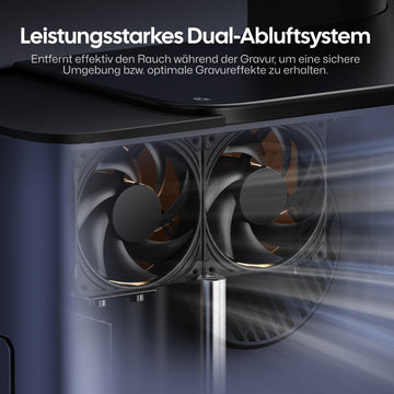 LaserPecker LP5 Sicherheitsgehäuse mit leistungsstarkem Dual-Abluftsystem – entfernt effektiv Rauch während der Gravur für eine sichere Umgebung und optimale Gravurergebnisse.