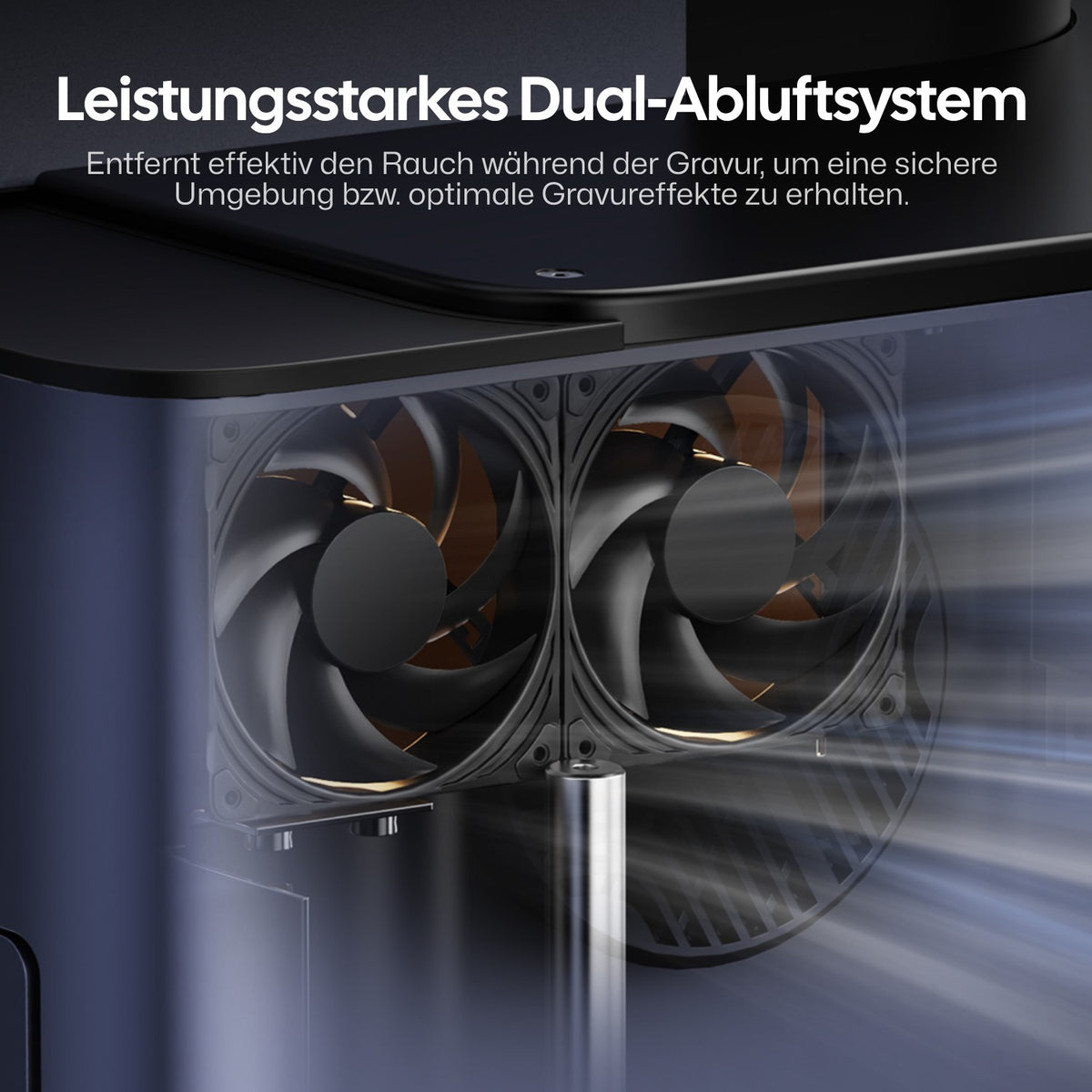 LaserPecker LP5 Sicherheitsgehäuse mit leistungsstarkem Dual-Abluftsystem – entfernt effektiv Rauch während der Gravur für eine sichere Umgebung und optimale Gravurergebnisse.
