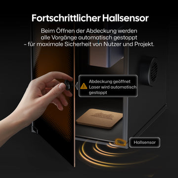 LaserPecker fortschrittlicher Hallsensor – beim Öffnen der Abdeckung werden alle Laservorgänge automatisch gestoppt für maximale Sicherheit von Nutzer und Projekt.