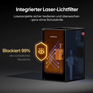 LaserPecker integrierter Laser-Lichtfilter – blockiert 99% des schädlichen Blaulichts für sichere Bedienung und Überwachung von Laserprojekten ganz ohne Schutzbrille.