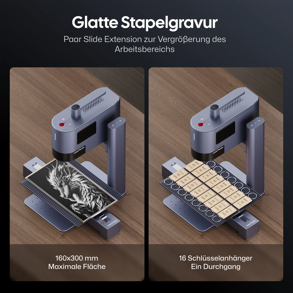 LaserPecker LP5 Lasergravierer mit  Slide Erweiterung ermöglicht eine glatte Stapelgravur. 