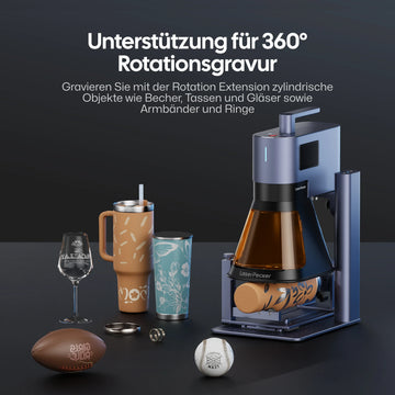 LaserPecker LP5 mit Rotation Extension – 360° Rotationsgravur für zylindrische Objekte wie Becher, Tassen, Gläser, Armbänder und Ringe.