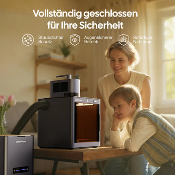 LaserPecker LP5 Lasergravierer mit vollständig geschlossenem Sicherheitsgehäuse – staubdichter Schutz, augensicherer Betrieb und sofortiger Notstopp.