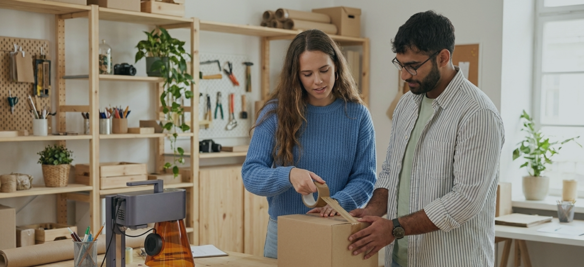 Zwei Personen verpacken lasergravierte Produkte für den Versand.