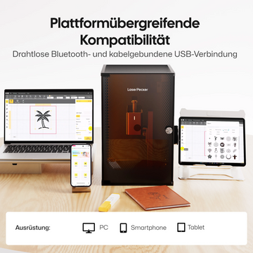 LaserPecker LP2 Lasergravierer mit plattformübergreifender Kompatibilität – drahtlose Bluetooth- und kabelgebundene USB-Verbindung für PC, Smartphone und Tablet.