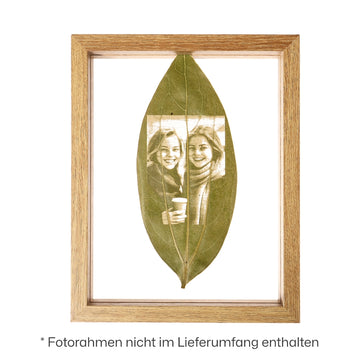 Fotogravur auf einem Zimtblatt, gerahmt in einem hölzernen Fotorahmen