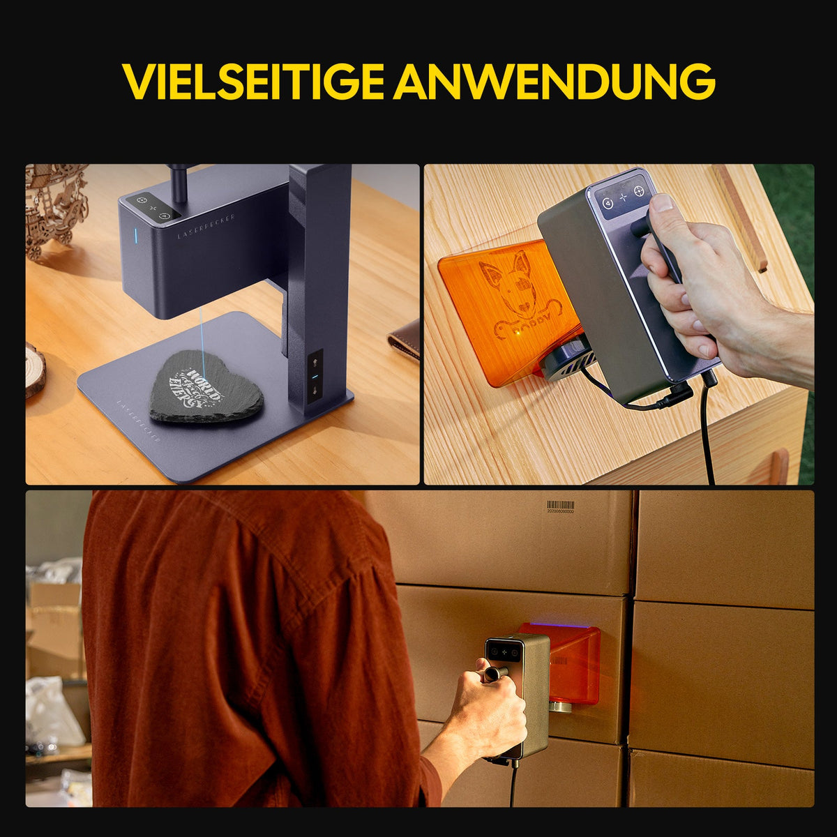 LaserPecker LP2 Lasergravierer mit vielseitiger Anwendung – Laserbeschriftung auf Wandflächen, Schrägflächen und aus verschiedenen Winkeln möglich.