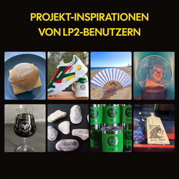 LaserPecker LP2 Projekt-Inspirationen von Benutzern – Gravur auf vielfältigen Materialien wie Brot, Schuhen, Fächern, Gläsern, Acryl, Stein und Holz.