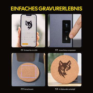 LaserPecker einfaches Gravurerlebnis – 4 Schritte: Entwerfen in LDS, Laserfokus anpassen, Vorschauen, in Sekunden erledigt.