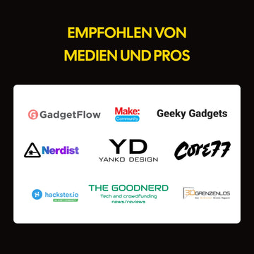 LaserPecker LP2 empfohlen von Medien und Pros – darunter GadgetFlow, Make Community, Geeky Gadgets, Nerdist, Yanko Design, Core77, The Good Nerd und hackster.io.