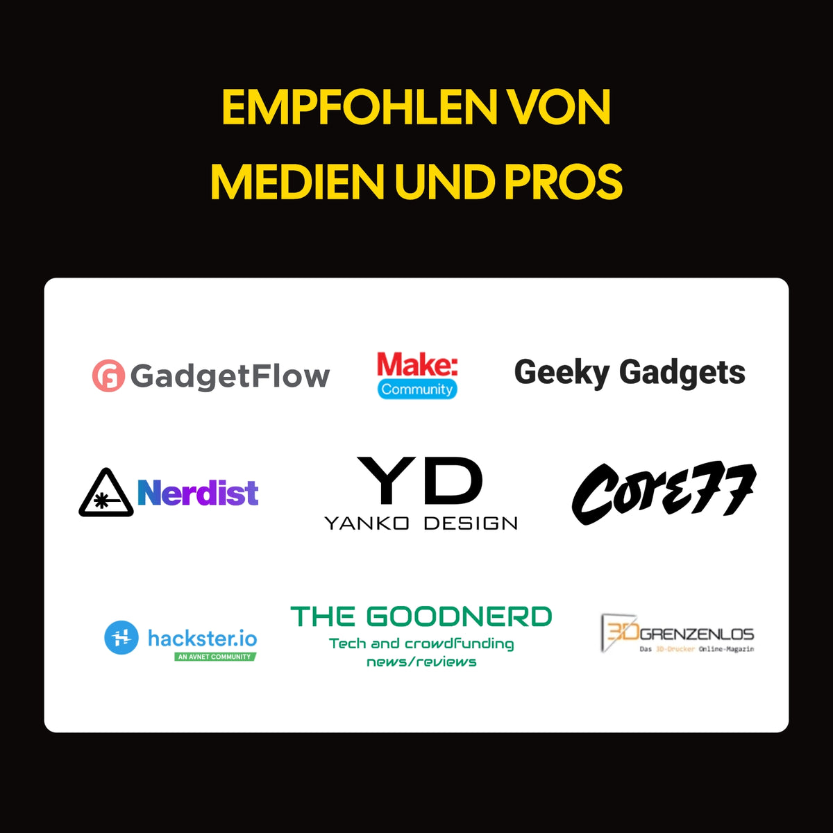LaserPecker LP2 empfohlen von Medien und Pros – darunter GadgetFlow, Make Community, Geeky Gadgets, Nerdist, Yanko Design, Core77, The Good Nerd und hackster.io.