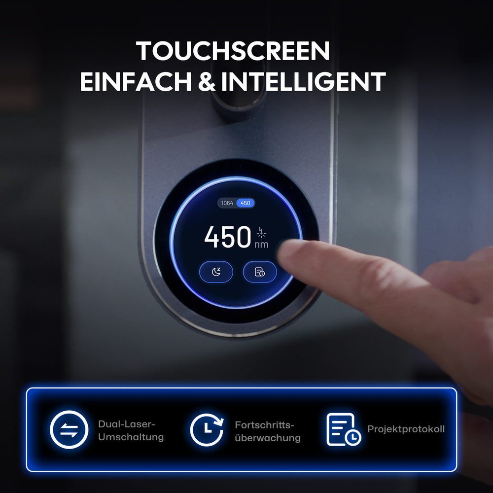 LaserPecker LP4 Lasergravierer Touchscreen – einfache und intelligente Bedienung mit Dual-Laser-Umschaltung zwischen 450 nm und 1064 nm, Fortschrittsüberwachung und Projektprotokoll.Touchscreen.