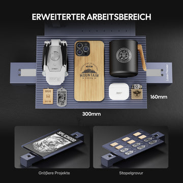 LaserPecker LP4 mit Slide Extension – erweiterter Arbeitsbereich von 160 mm auf 300 mm für größere Projekte und Stapelgravur.