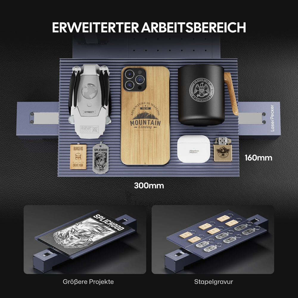 LaserPecker LP4 mit Slide Extension – erweiterter Arbeitsbereich von 160 mm auf 300 mm für größere Projekte und Stapelgravur.