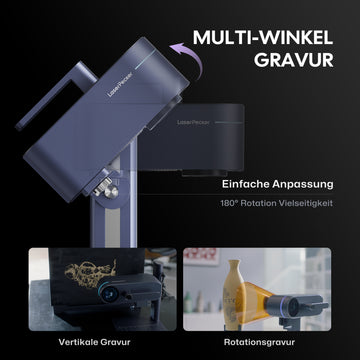 LaserPecker LP4 Lasergravierer mit Multi-Winkel Gravur – 180° Rotation, vertikale Gravur und Rotationsgravur für einfache Anpassung und Vielseitigkeit.
