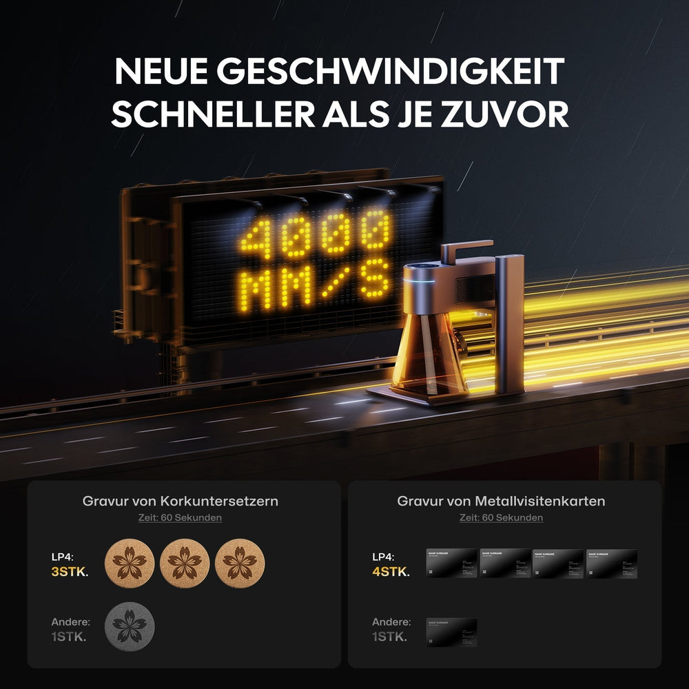 LaserPecker LP4 neue Geschwindigkeit – 3 Korkuntersetzer in 60 Sekunden vs. 1 Stück bei anderen Lasern, und 4 Metallvisitenkarten in 60 Sekunden vs. 1 Stück.